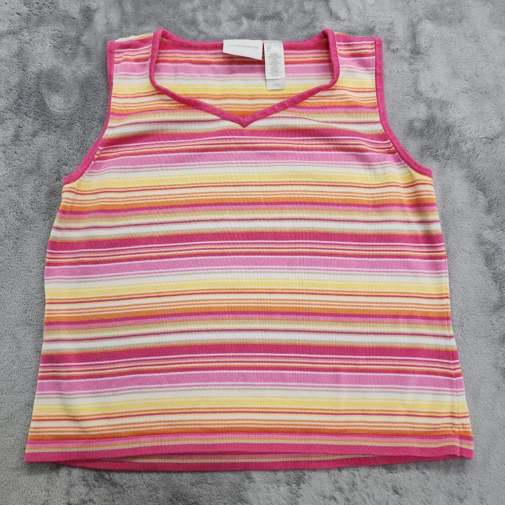 Vintage Liz Claiborne Top Womens L Pink Orange Striped Sleeveless V-Neck Sweater